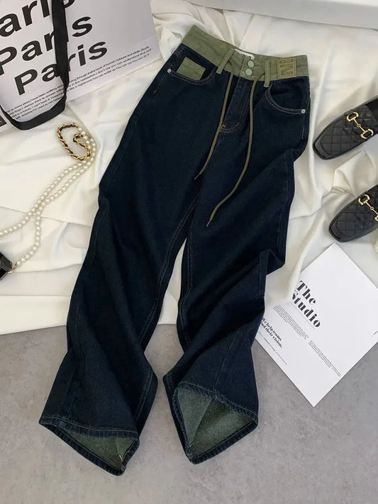 Korean Design Drawstring Baggy Straight Jeans Women Vintage Casual High Waist Wide Leg  Denim Pants Streetwear Loose Vaqueros