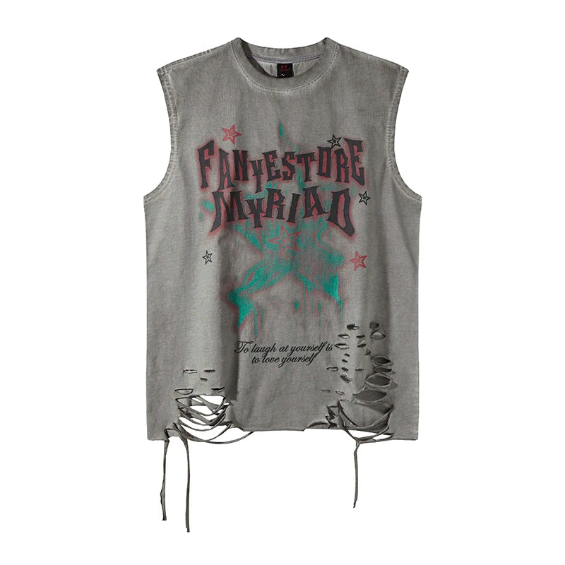 2025 Summer Hip Hop Tank Top Man Washed Streetwear Tees Y2k Sleeveless T Shirt Round Neck Cotton Baggy Vests Tops Distressed