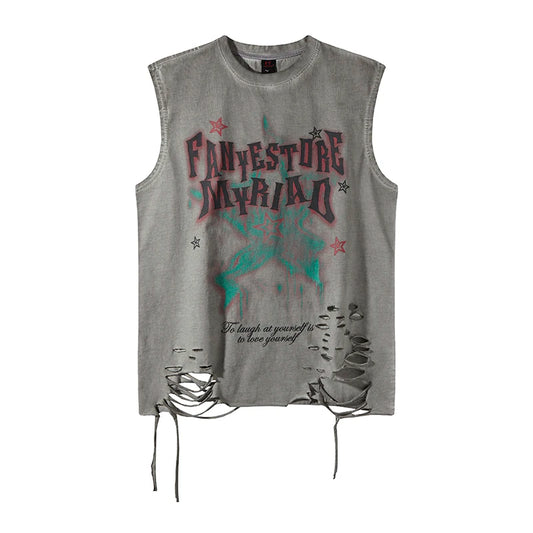 2025 Summer Hip Hop Tank Top Man Washed Streetwear Tees Y2k Sleeveless T Shirt Round Neck Cotton Baggy Vests Tops Distressed