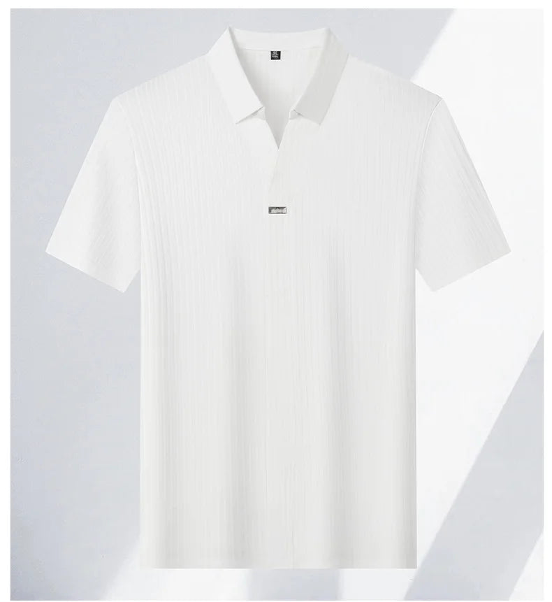 High quality personality texture stripe short sleeve polo shirt summer ice silk breathable buttonless men's solid color T-shirt