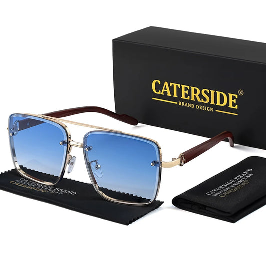 CATERSIDE Retro Wooden Temple Sunglasses Men Square Flat Top Double Bridges Sun Glasses Women Travel Fashion Eyeglass UV400