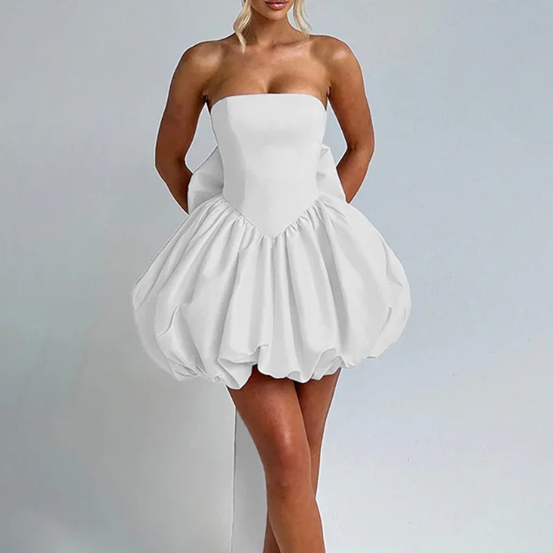 Women Evening Hollow Out Backless Solid Mini Party Dress Summer Ladies Sexy Bow Slim High Waist Holiday Temperament Dress 2025