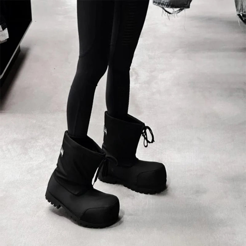 Brand Big Head Ugly Snow Boots Winter Waterproof Non-slip Drawstring Thick Bottom Warm Heightening Short Boots Women's Ski Boots