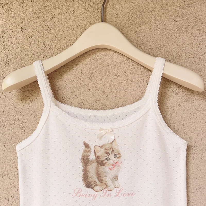 Cute Tops Women Summer Cotton Camis Pink Bow Print Knitted Crop Top for Sweet Girl Lolita Style Kawaii Clothes