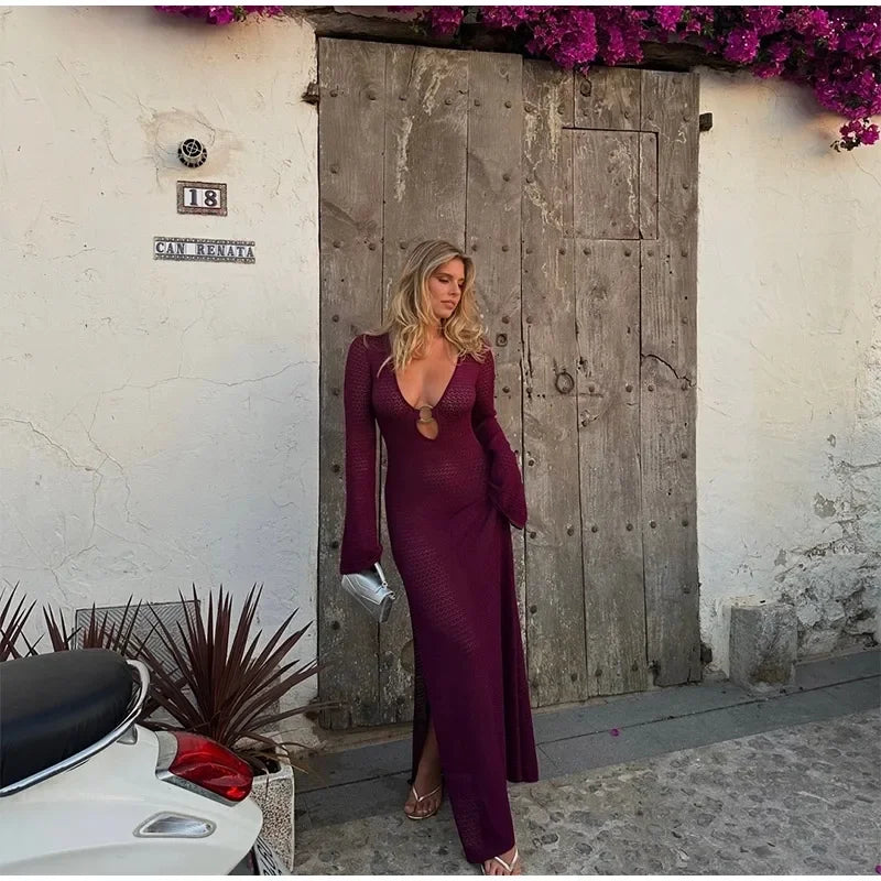 Sexy Hollow Out Metal Ring Buckle Splicing Knit Women Maxi Dress Chic Full Sleeve High Waist Long Dresses Lady Beach Party Robes