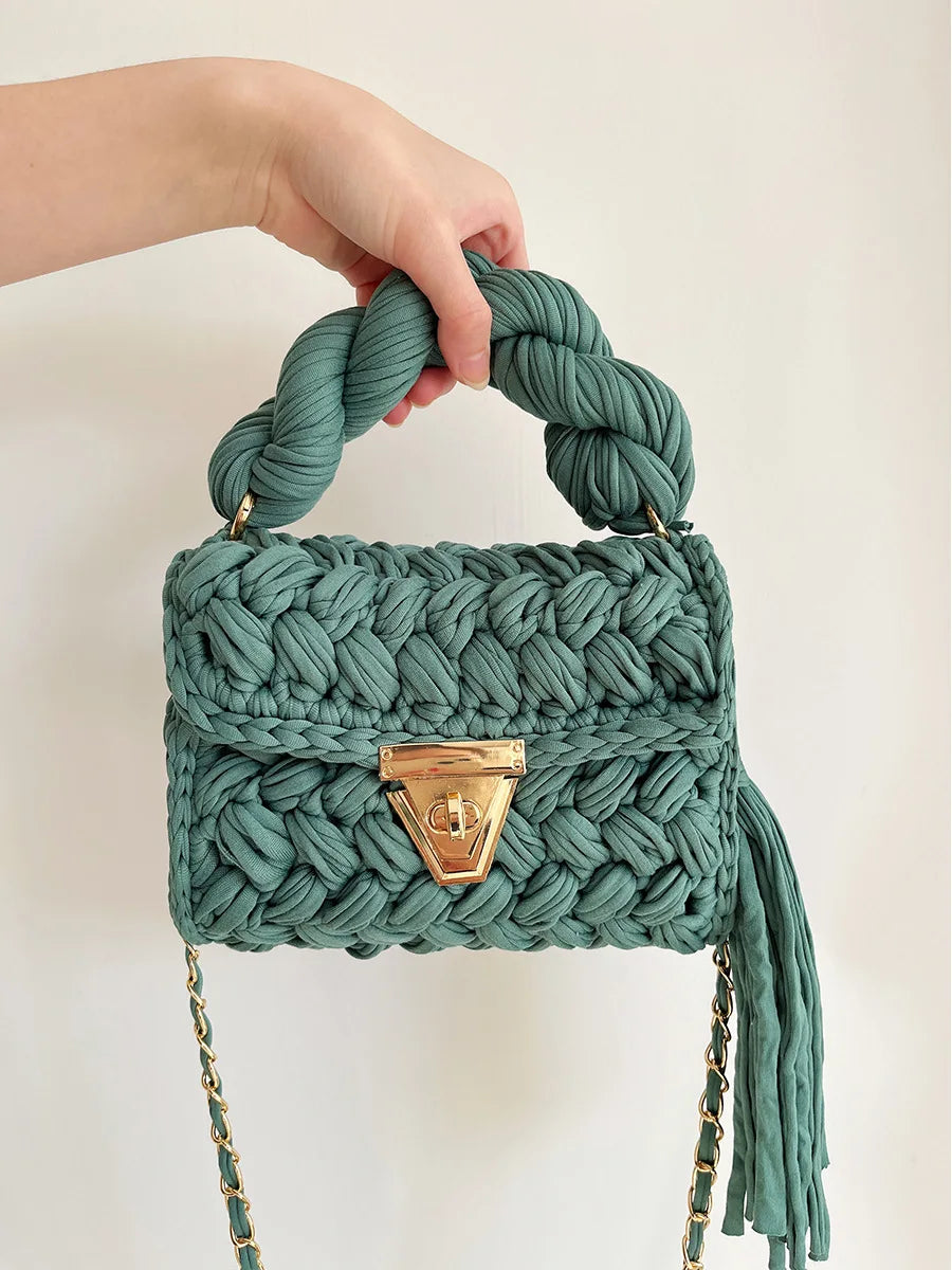 New Handmade Woven Women's Crossbody Bags Thread Hook Knitted Shoulder Bag Colorful Strip Chains Bags for Women Small Purses