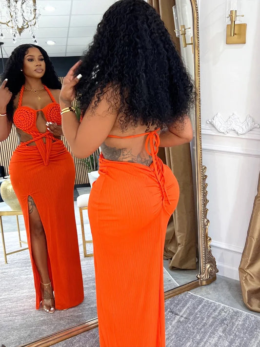 Bonnie Forest Gorgeous Cut-Out Ruched Bandage Long Dress For Women Chic Summer Halter Neck High Slit Party Dresses Beach Vestido
