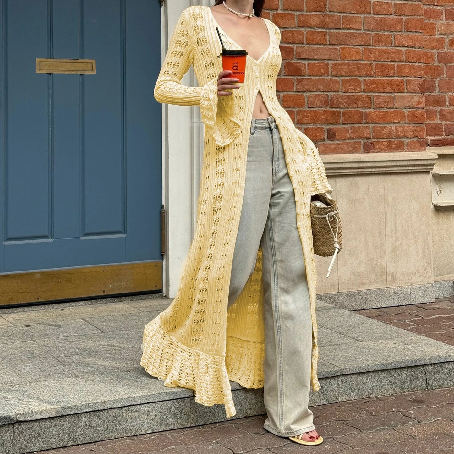 Women Knit Dress Long Sleeve Button Closure Cardigan Hollow Out Long Dress Top for Daily Street Summer Fall
