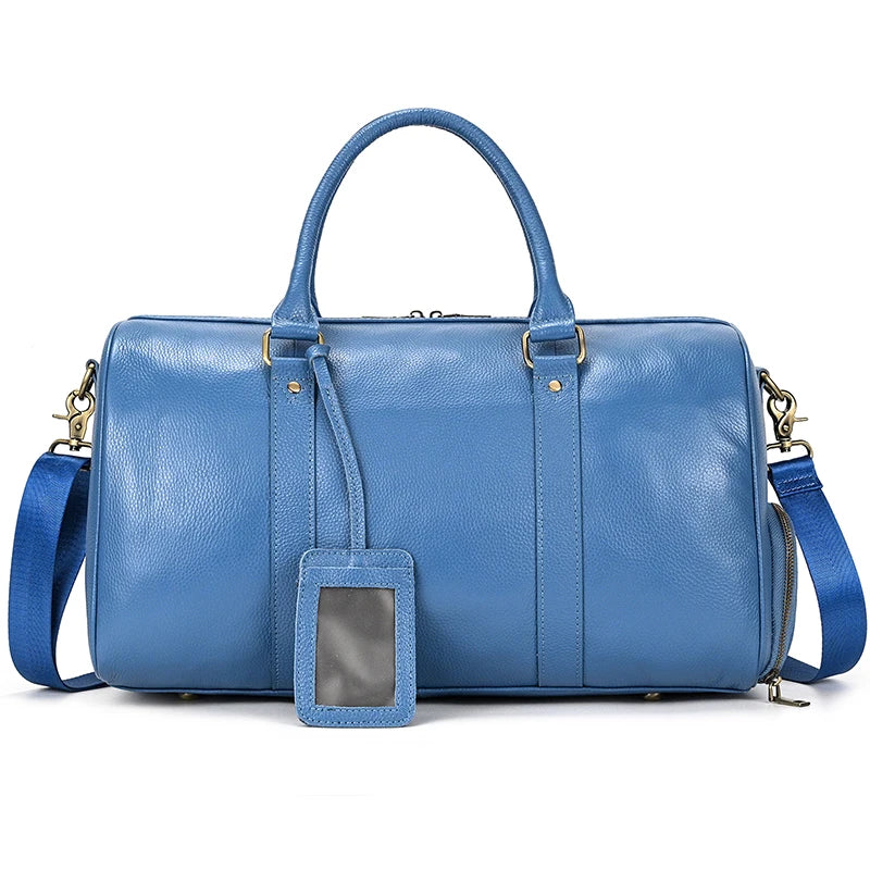 Sac de voyage en cuir véritable de grande capacité pour hommes et femmes, en cuir de vache noir souple, polochon de voyage décontracté, grand sac à bandoulière pour week-end