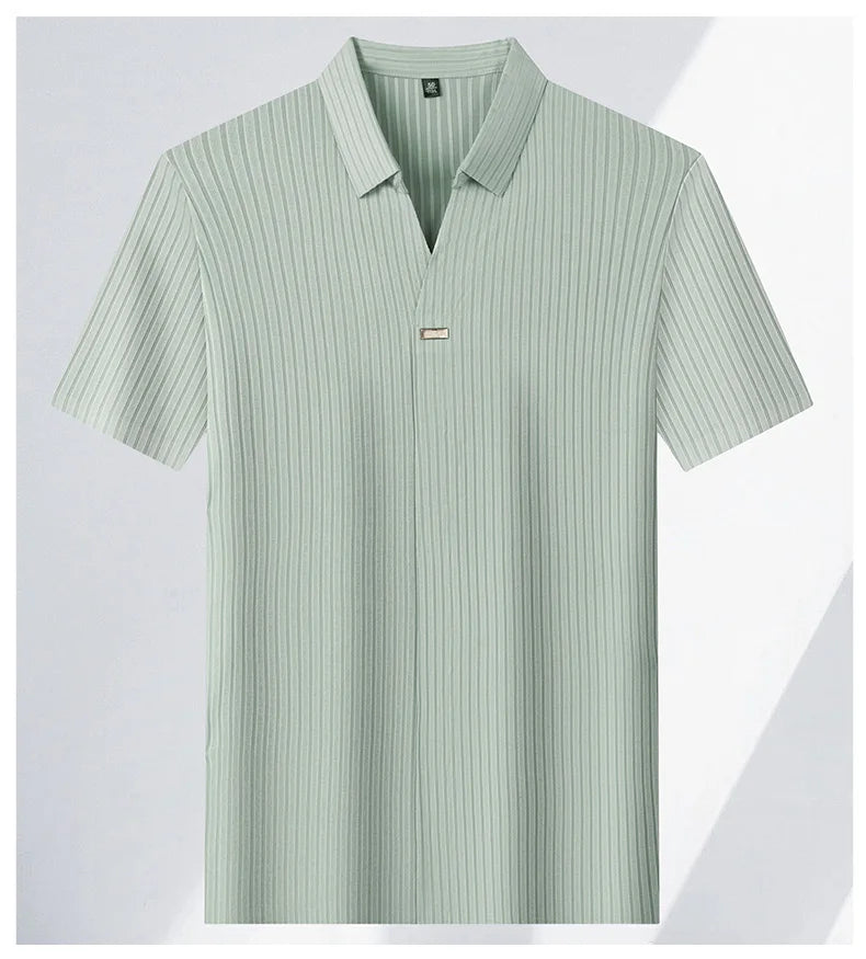 High quality personality texture stripe short sleeve polo shirt summer ice silk breathable buttonless men's solid color T-shirt