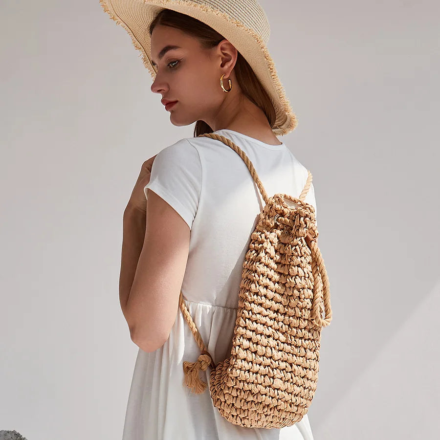 Summer Straw Backpack for Women Handmade Drawstring Beach Shoulder Bags Raffia Rattan Woven Travel Handbags bali lady backpacks