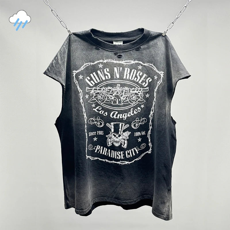 Hip Hop Vintage Washed Black Damaged Hole Tank Men Women Top Quality Cotton Oversized Saint Vest Stitching Sleeveless T Shirt