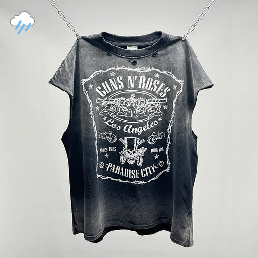 Hip Hop Vintage Washed Black Damaged Hole Tank Men Women Top Quality Cotton Oversized Saint Vest Stitching Sleeveless T Shirt