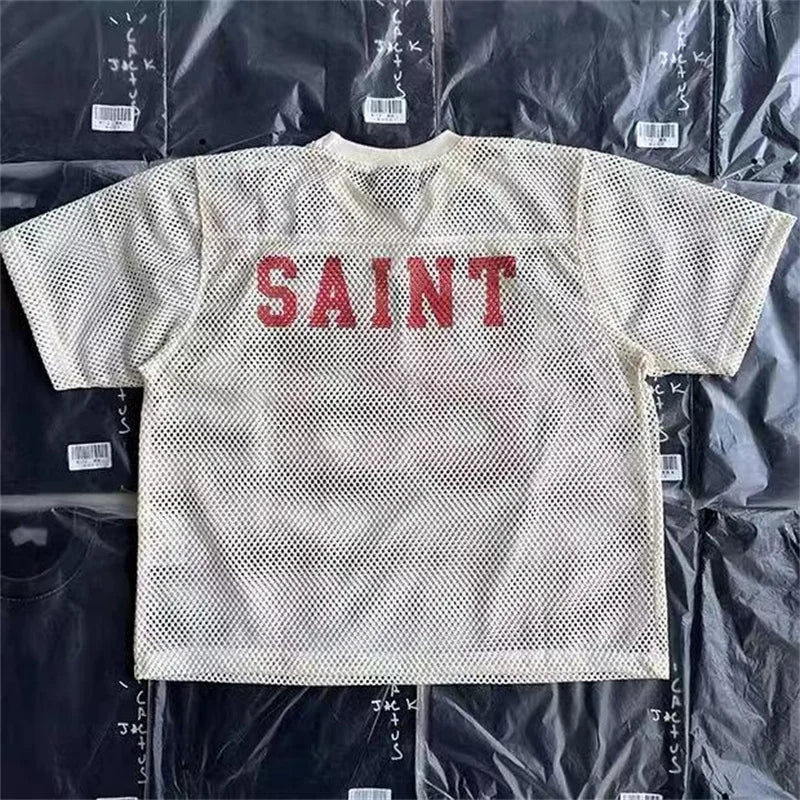 Loose Casual Men Women Mesh Breathable T Shirt Street Clothing Saint Digital Printed Short Sleeve Black Almond Blue T-Shirt