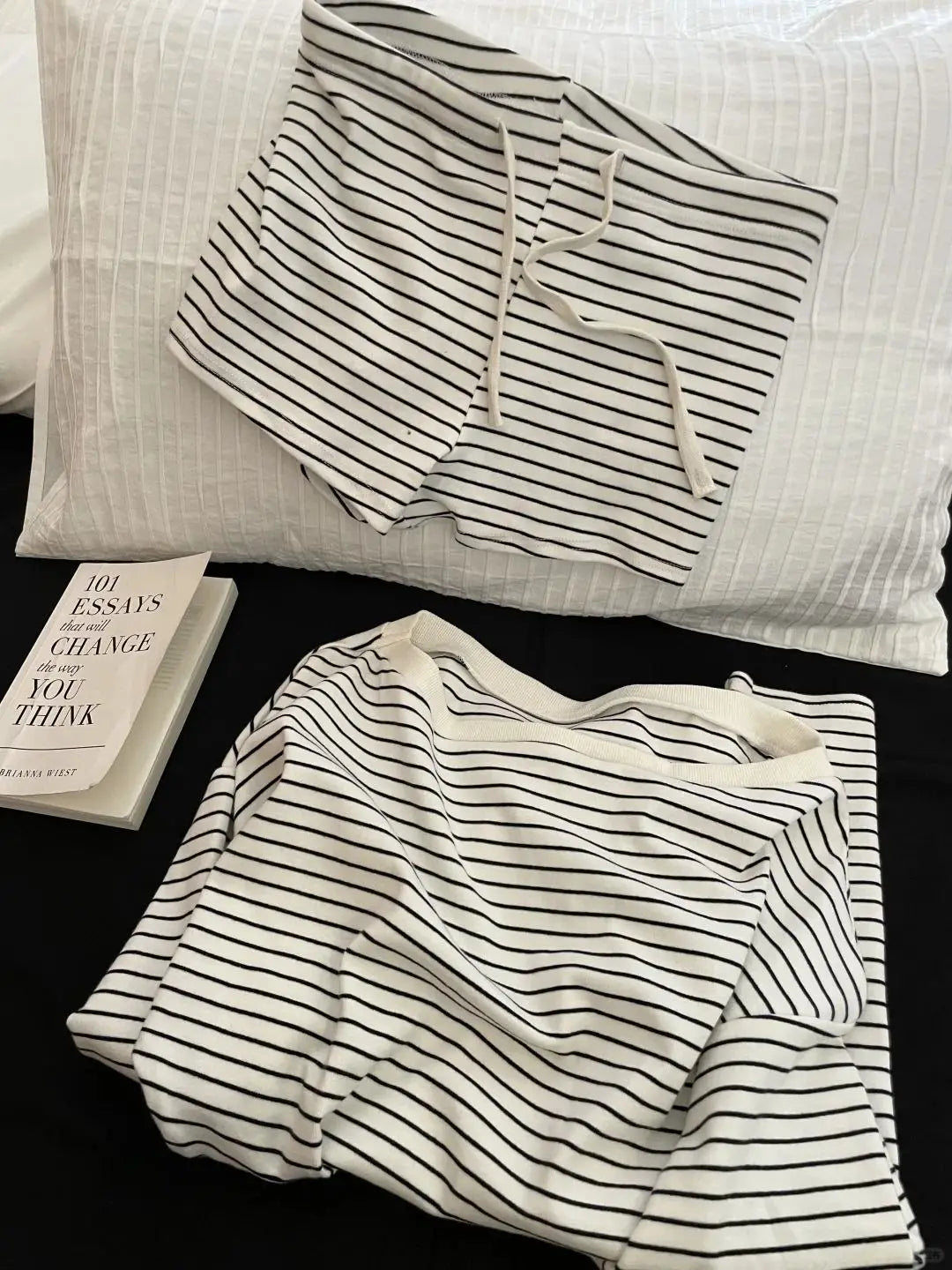Striped Sleepwear Women Pajama Shorts Sets Long Sleeve Piiama Casual 2 Pieces Night Wears Summer Korean Casual Home Suit 2025