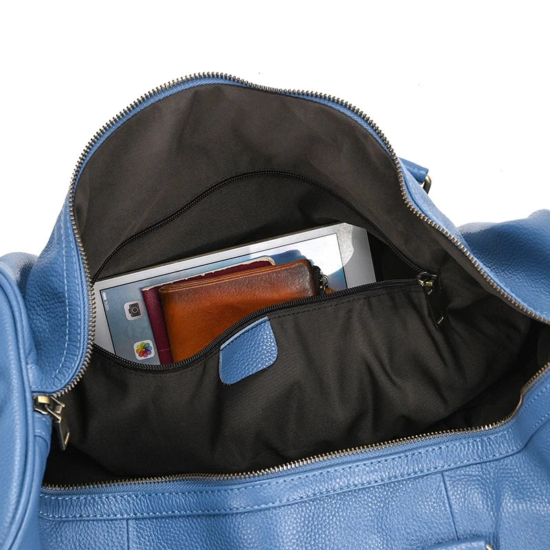 Sac de voyage en cuir véritable de grande capacité pour hommes et femmes, en cuir de vache noir souple, polochon de voyage décontracté, grand sac à bandoulière pour week-end