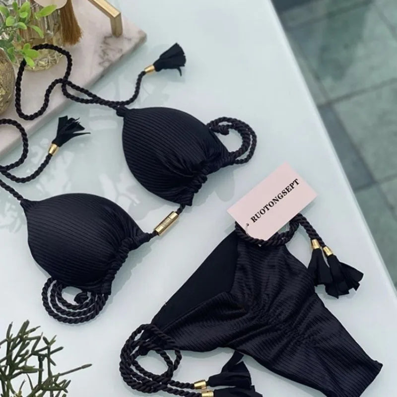 Women Bikini Rope Triangle Swimsuit Multicolor Sexy Low Waisted Bikini Set Swimsuit Swimwear Women BeachwearBrazilian biquini