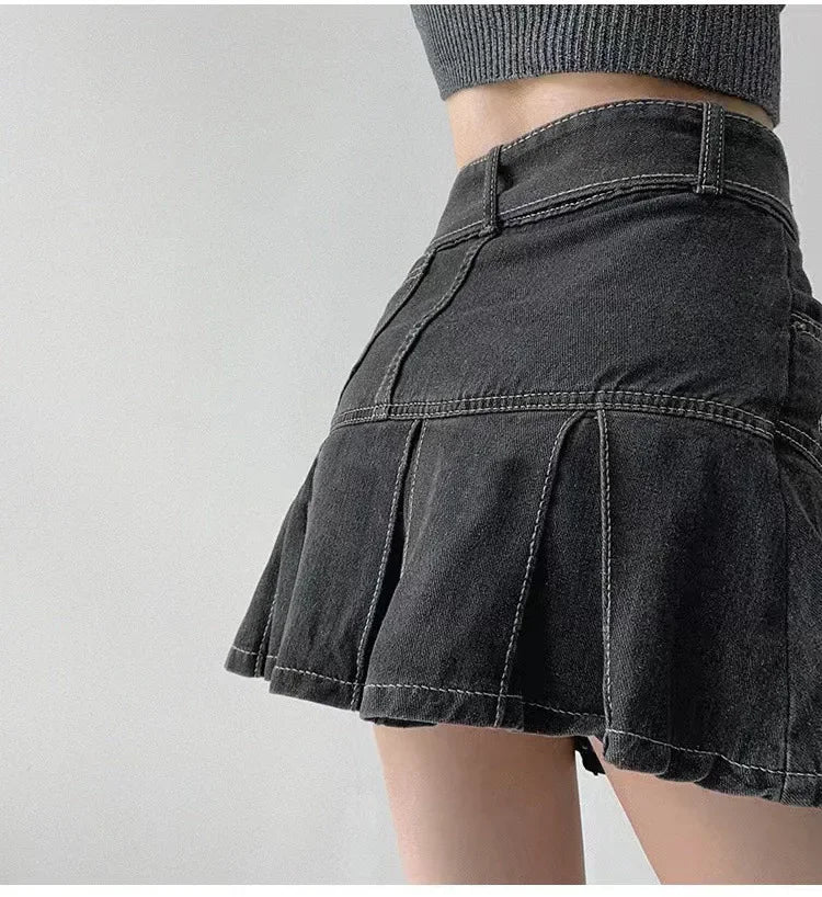High Waist Denim Mini Skirt for Women Summer American Style Retro Pleated A- Line Short Skirt Trendy Cotton Denim Skirts