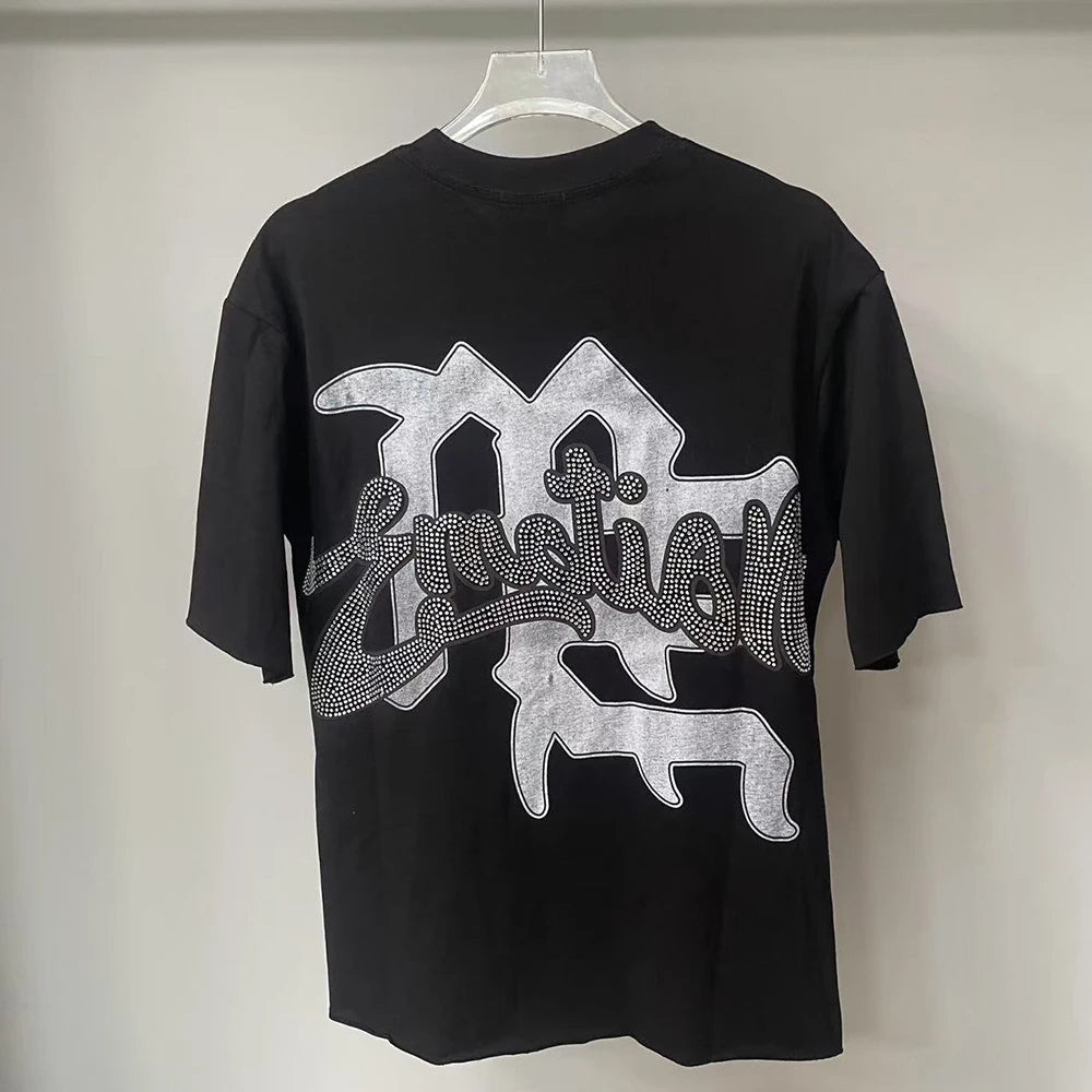 Summer Letter Rhinestone Short Sleeve Tshirts for Men White Streetwear Cotton Loose Crew Neck Top Tees Oversized Unisex Tshirt