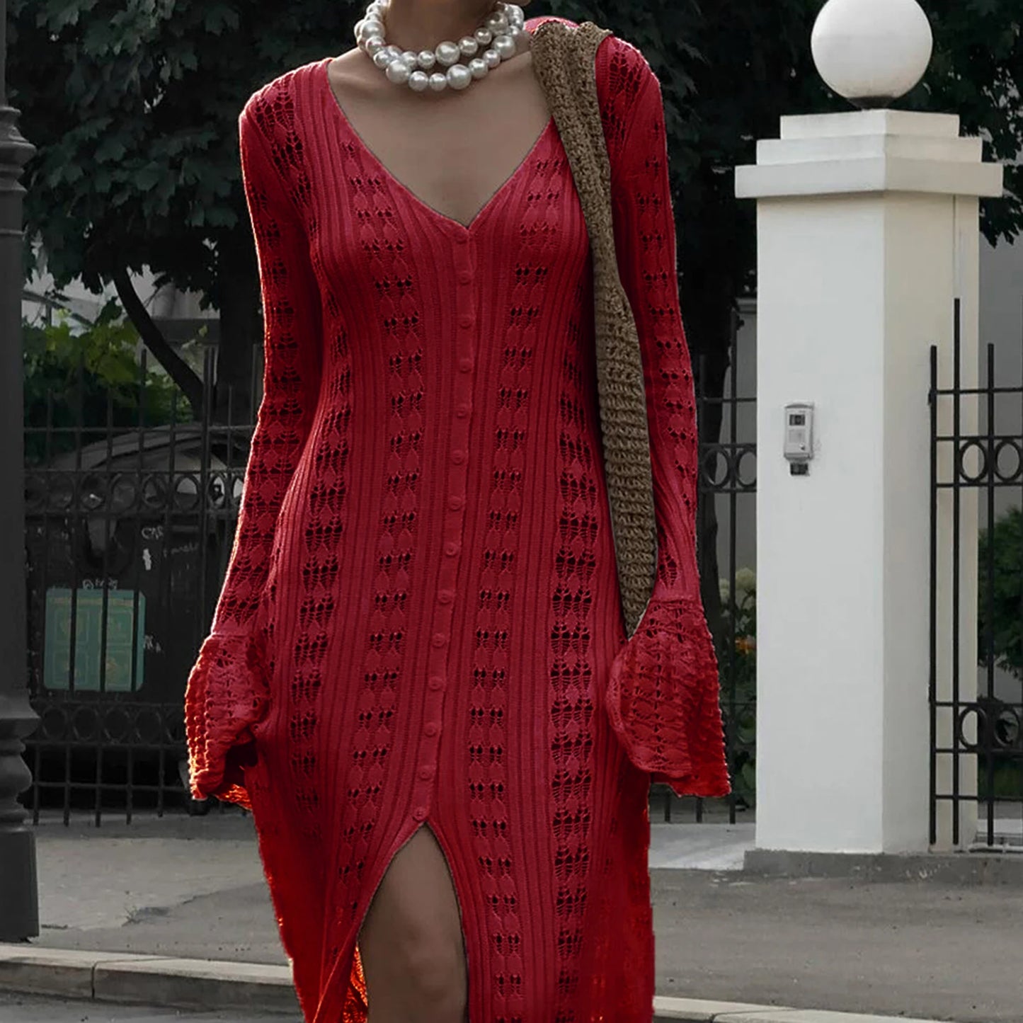 Women Knit Dress Long Sleeve Button Closure Cardigan Hollow Out Long Dress Top for Daily Street Summer Fall