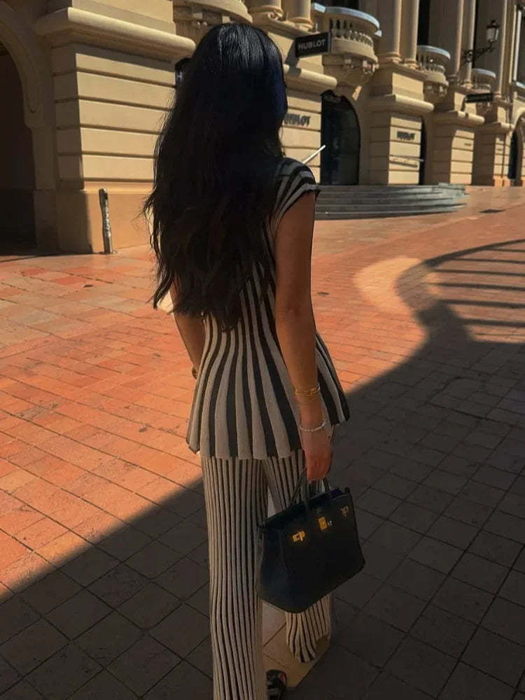 Chic Striped Knitted Button Set Women Elegant Round Neck Short Sleeved Slim Fit Two-piece Suit 2025 New Summer Holiday Outfits