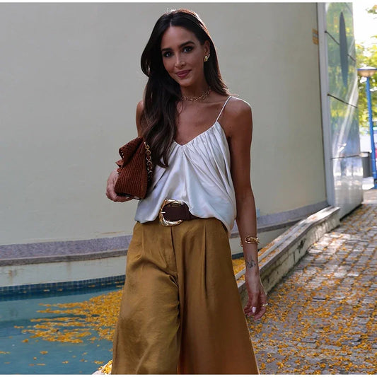 Elegant Satin Sling Top Pants Set Women V-neck Single Breasted Waistcoat Wide Leg Trousers 2025 Summer Lady Street 3 Piece Suits