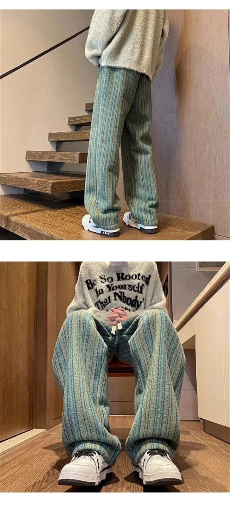 2025 New Men's Striped Woolen Straight Leg Trousers Classic Y2K Vintage Baggy Pants Casual High Street Fashion Gym Sweatpants