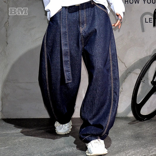 Mens American High Street Baggy Jeans Navy Blue Premium Denim Wide Leg Straight Loose Fit Korean Streetwear Trendy Pants Male