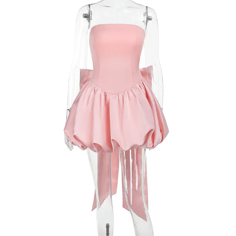 Women Evening Hollow Out Backless Solid Mini Party Dress Summer Ladies Sexy Bow Slim High Waist Holiday Temperament Dress 2025