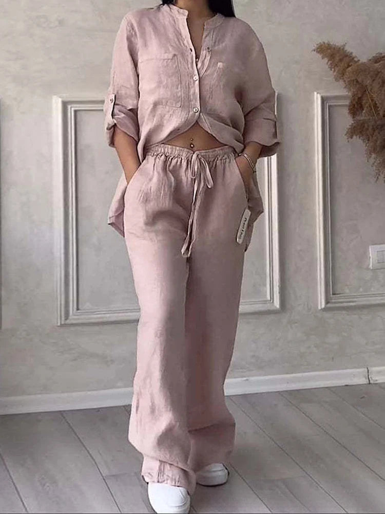 Rafiah Women's Sets Summer Fashion Comfortable 2025 Plain Loose Fit Shirt Collar Long Sleeve Top Maxi Pants Casual Sets