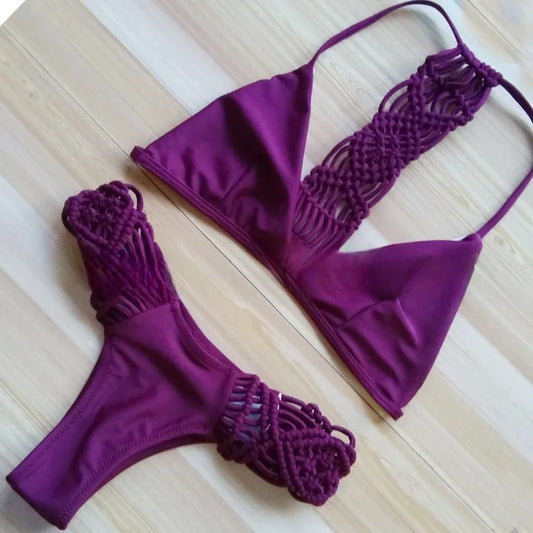 2024 Sexy Bikini Women Swimwear Swimsuit Braiding Rope Purple Bikinis Set Bathing Suit Beach Bikini Female Maillot De Bain Femme