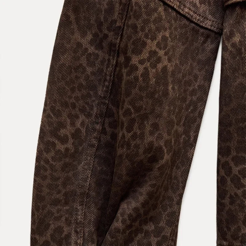 Leopard Printed Denim Single Breasted Belt Women's Coat Fashion Lapel Long Sleeve Short Jacket Fall New Lady Highstreet Outwear