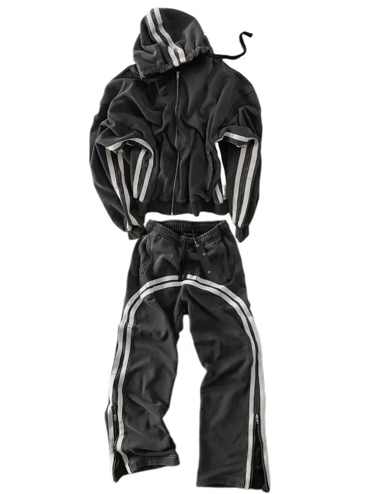 Y2K New Sports Two-Piece Vintage Striped Zipper Hoodie Casual Versatile Pants Street Hip-Hop Harajuku Loose Couple Streetwear