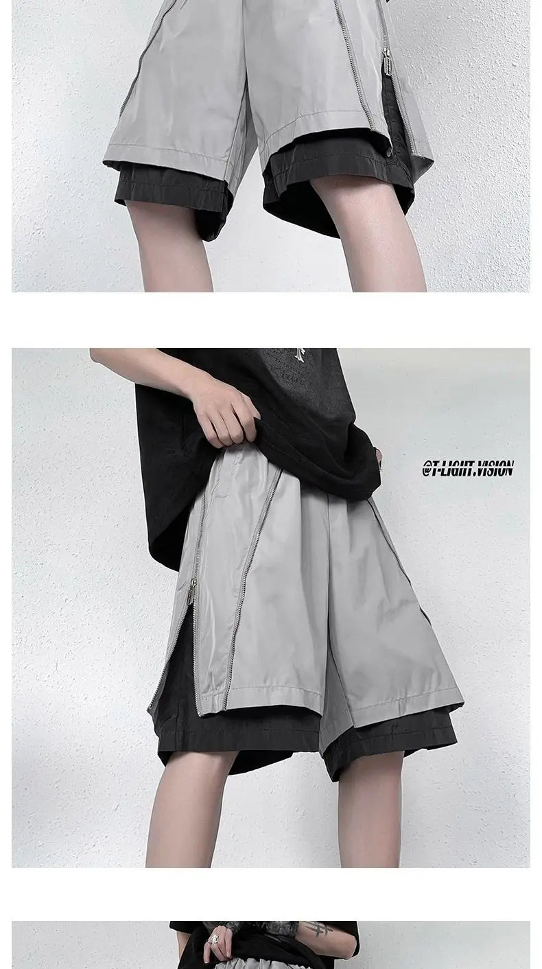 American Functional Shorts Men's Summer Design Fake Two-piece Zippered Trousers Loose Casual Pants