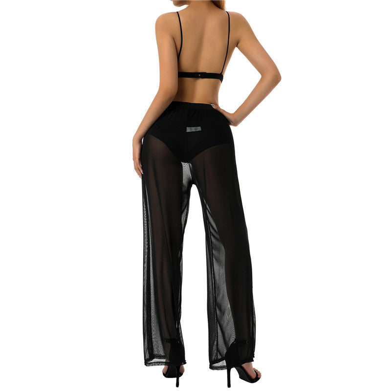 Women See Throug Mesh Cover up Pants Swimsuit Bikini Bottom Cover up Elastic Waist Loose Wide Leg Long Palazzo Pants Trousers
