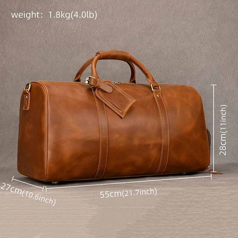 Sac de voyage en cuir véritable de grande capacité pour hommes et femmes, en cuir de vache noir souple, polochon de voyage décontracté, grand sac à bandoulière pour week-end