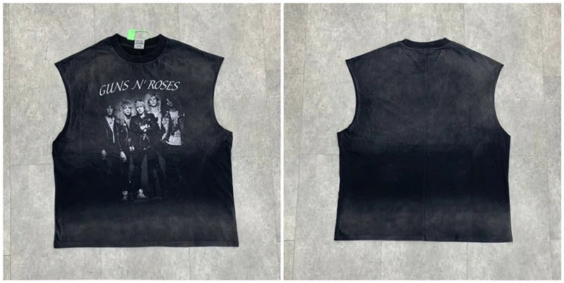 Vintage Washed Saint Sleeveless Tank T-shirts Oversize Men Woman Good Quality Black White Grey Hole Old Summer Streetwear