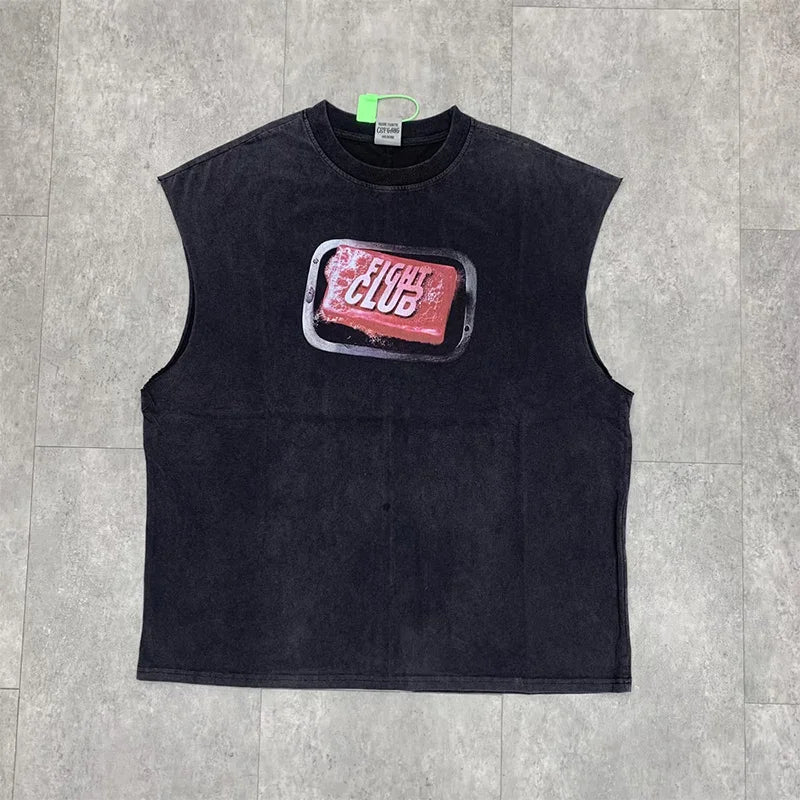 Vintage Washed Saint Sleeveless Tank T-shirts Oversize Men Woman Good Quality Black White Grey Hole Old Summer Streetwear