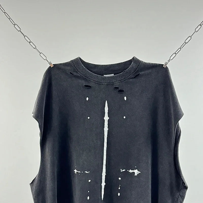 Red Skull Finger Print Damaged Hole Saint Tank Tee Men Women Streetwear Oversized Vest Vintage Washe Black Sleeveless T Shirt