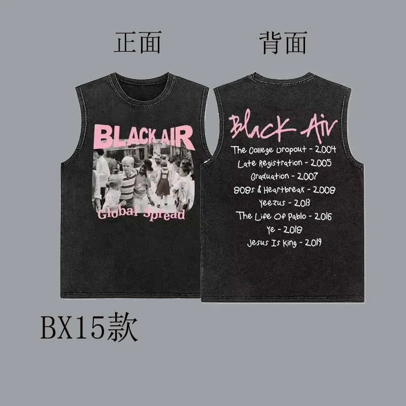 100% Cotton Hiphop Washed and Old Sleeveless T-shirt Men's Trendy Hip-hop Outer Wear Loose Sports Vest