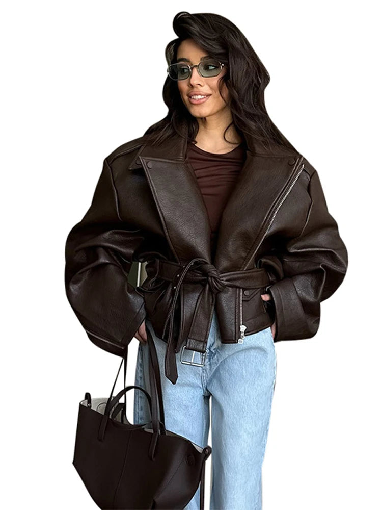 PU Leather Jacket For Women Zipper Turn-down Collar Loose Fashion Coat Luxury Brown 2025 Spring Street Motorcycle Overcoat Top