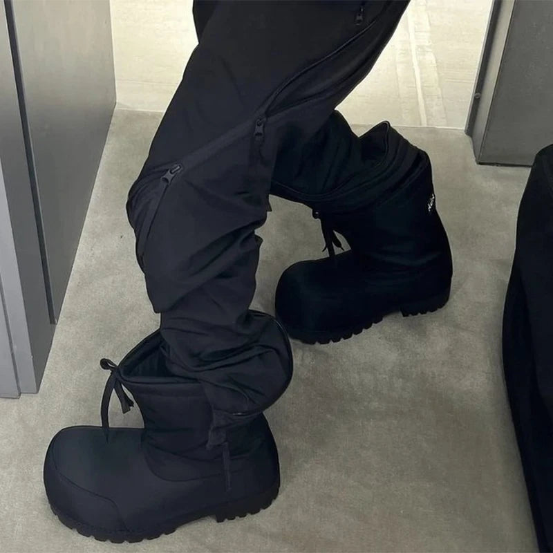 Unisex Big Head Botas Mujer Designer Drawstring Snow Boot Waterproof Anti-slip Warm Padded Thickened Platform Bottom Ankle Shoes