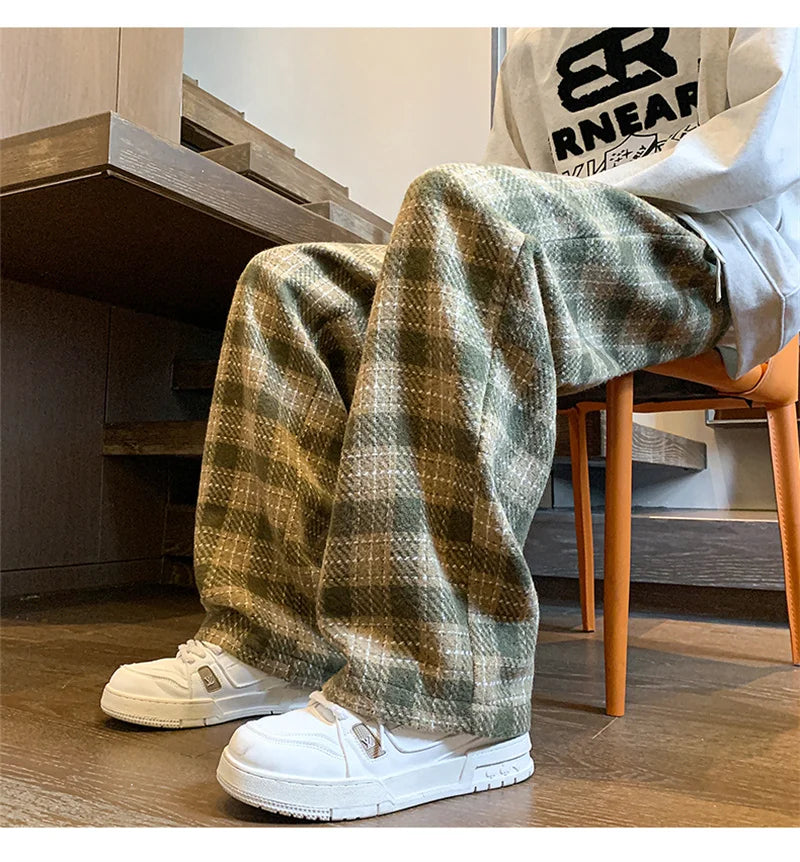 New Y2K Vintage Plaid Baggy Pants Men's High Street Woolen Straight-leg Trousers Autumn Korean Fashion Hip Hop pantalones hombre