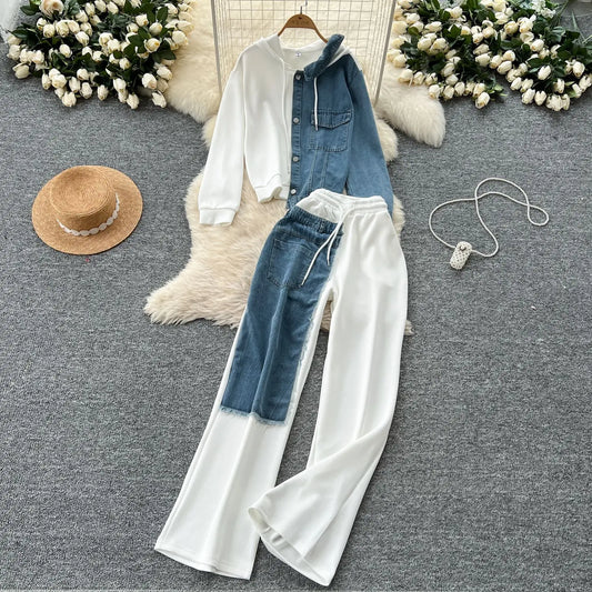 Pant Set Women Two Piece Sets Hooded Matching Sets Casual Loose Tops Wide Leg Long Pants Elastic Waist Lace Up Splice Denim 2025