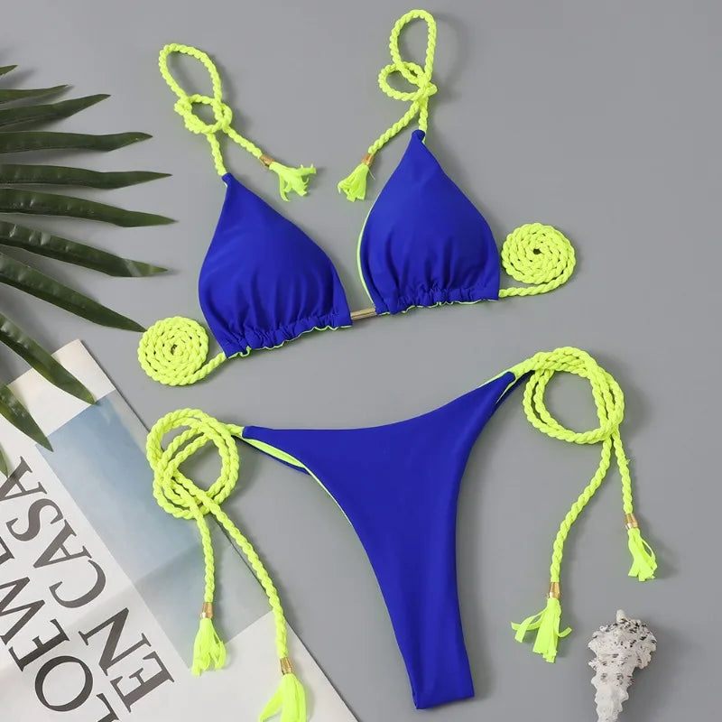 Women Bikini Rope Triangle Swimsuit Multicolor Sexy Low Waisted Bikini Set Swimsuit Swimwear Women BeachwearBrazilian biquini