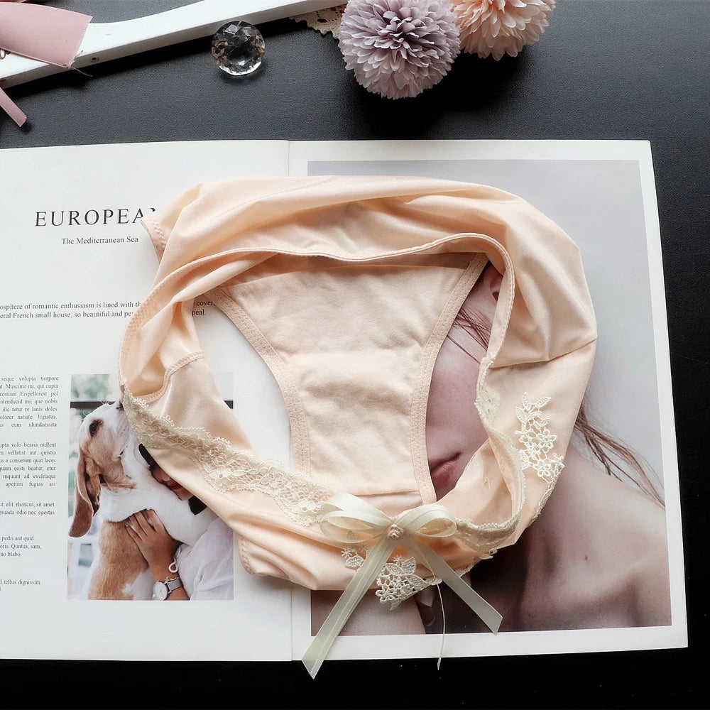SP&CITY Flower Embroidery Ice Silk Bow Sexy Women's Underwear Low Waist Traceless Breathable Summer Thin Panties Seamless Briefs