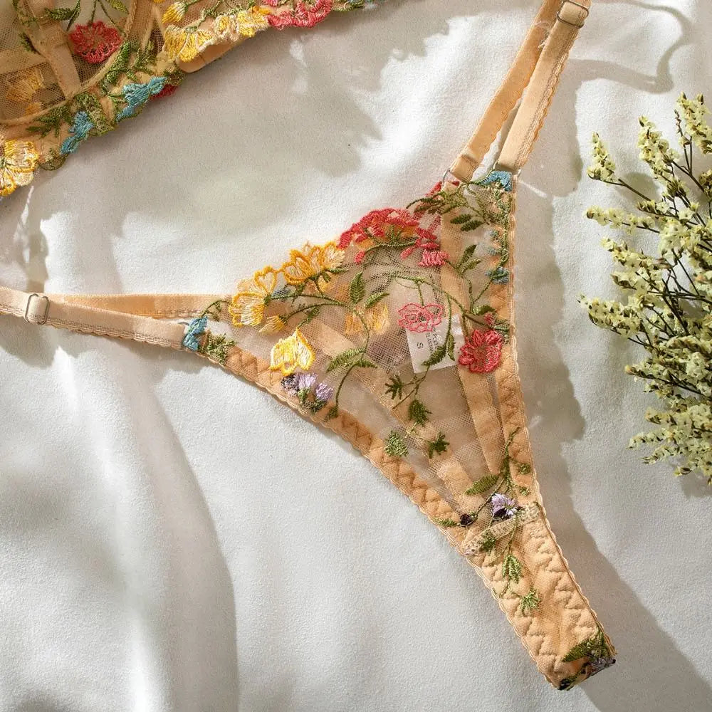 2-Piece Versatile Floral Lingerie Set Embroidery Sheer Boho Bra Panty Set Women Underwear Wireless Bra