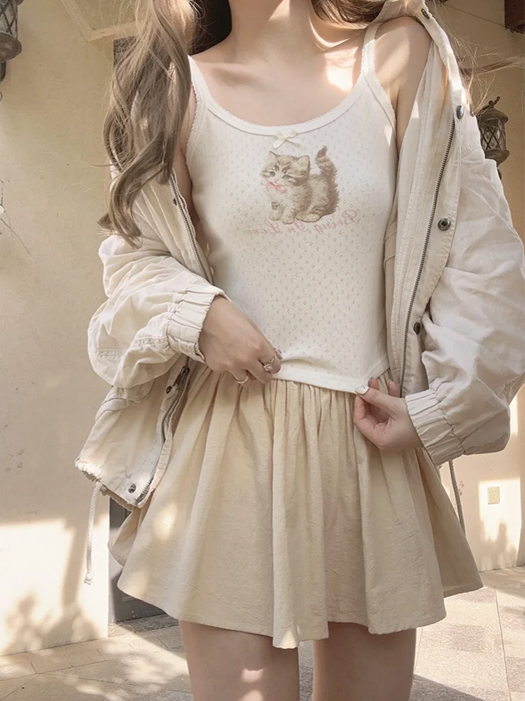 Cute Tops Women Summer Cotton Camis Pink Bow Print Knitted Crop Top for Sweet Girl Lolita Style Kawaii Clothes