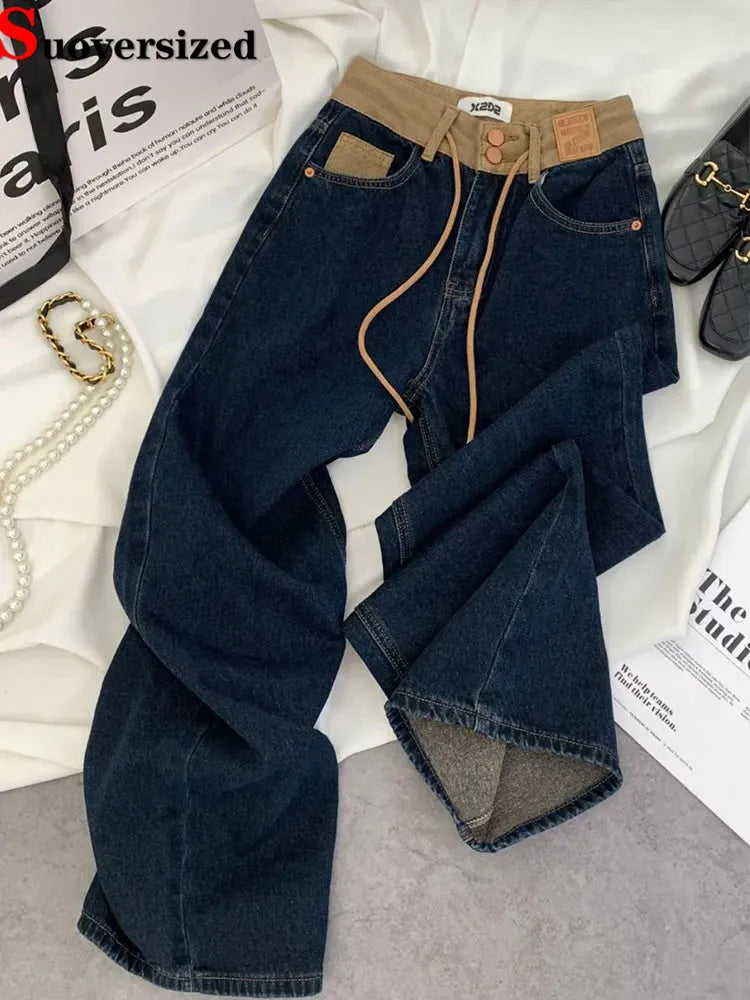 Korean Design Drawstring Baggy Straight Jeans Women Vintage Casual High Waist Wide Leg  Denim Pants Streetwear Loose Vaqueros