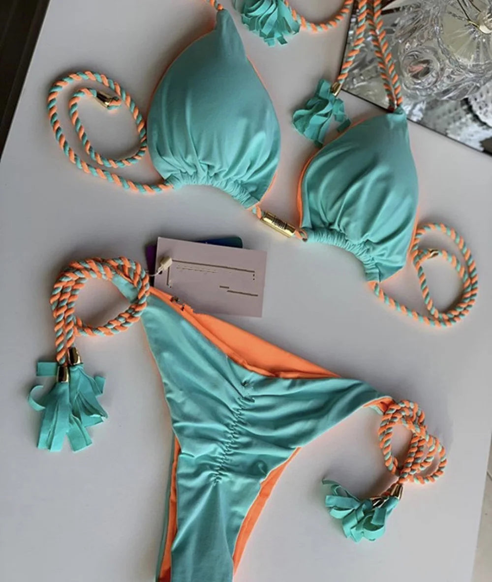 Women Bikini Rope Triangle Swimsuit Multicolor Sexy Low Waisted Bikini Set Swimsuit Swimwear Women BeachwearBrazilian biquini